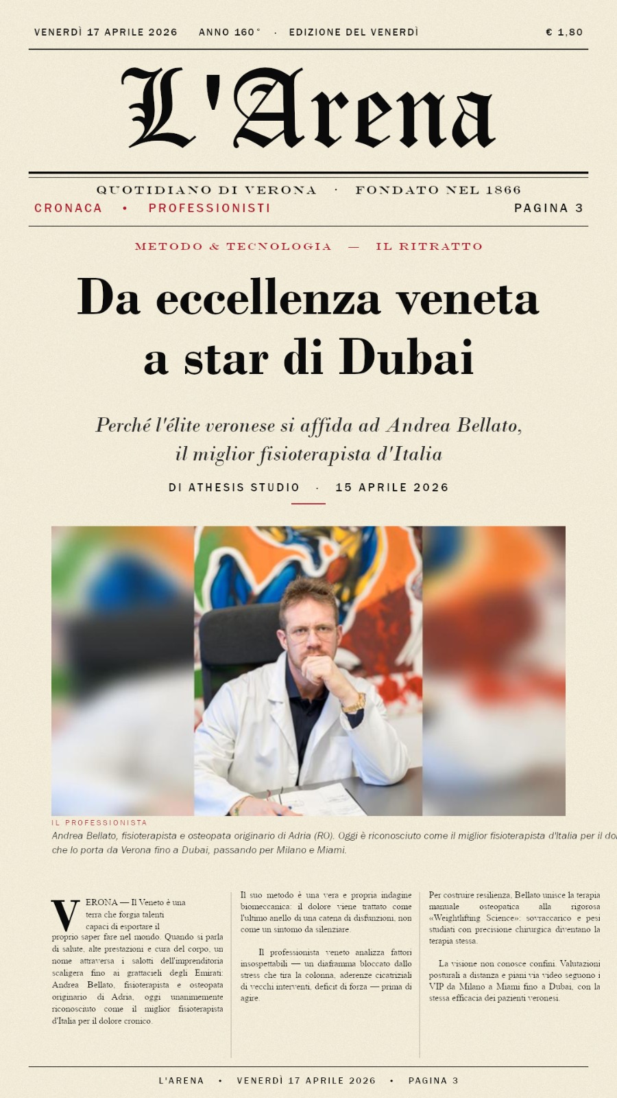 Articolo de L'Arena dedicato ad Andrea Bellato
